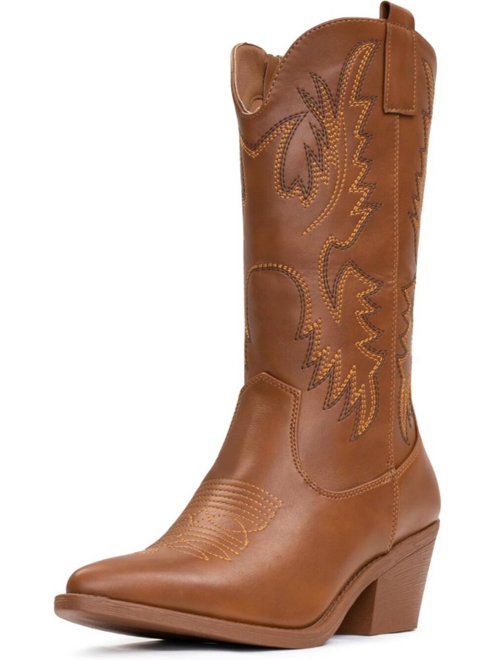 Women's Brown Rubber Western Classy Cowgirl Pull On Pointed Toe Mid Calf Boots